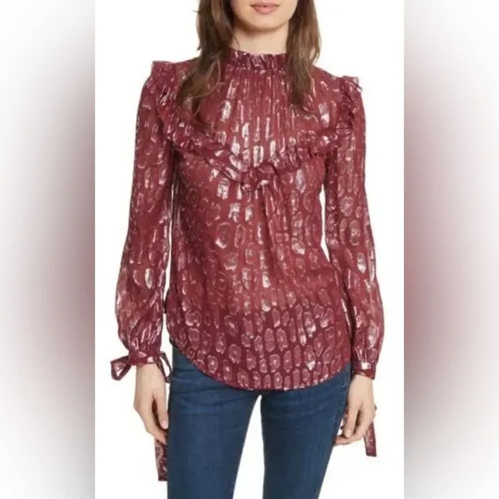 NWOT Veronica Beard Red Silver Long Sleeve Mock Neck Brooks Blouse Womens 4